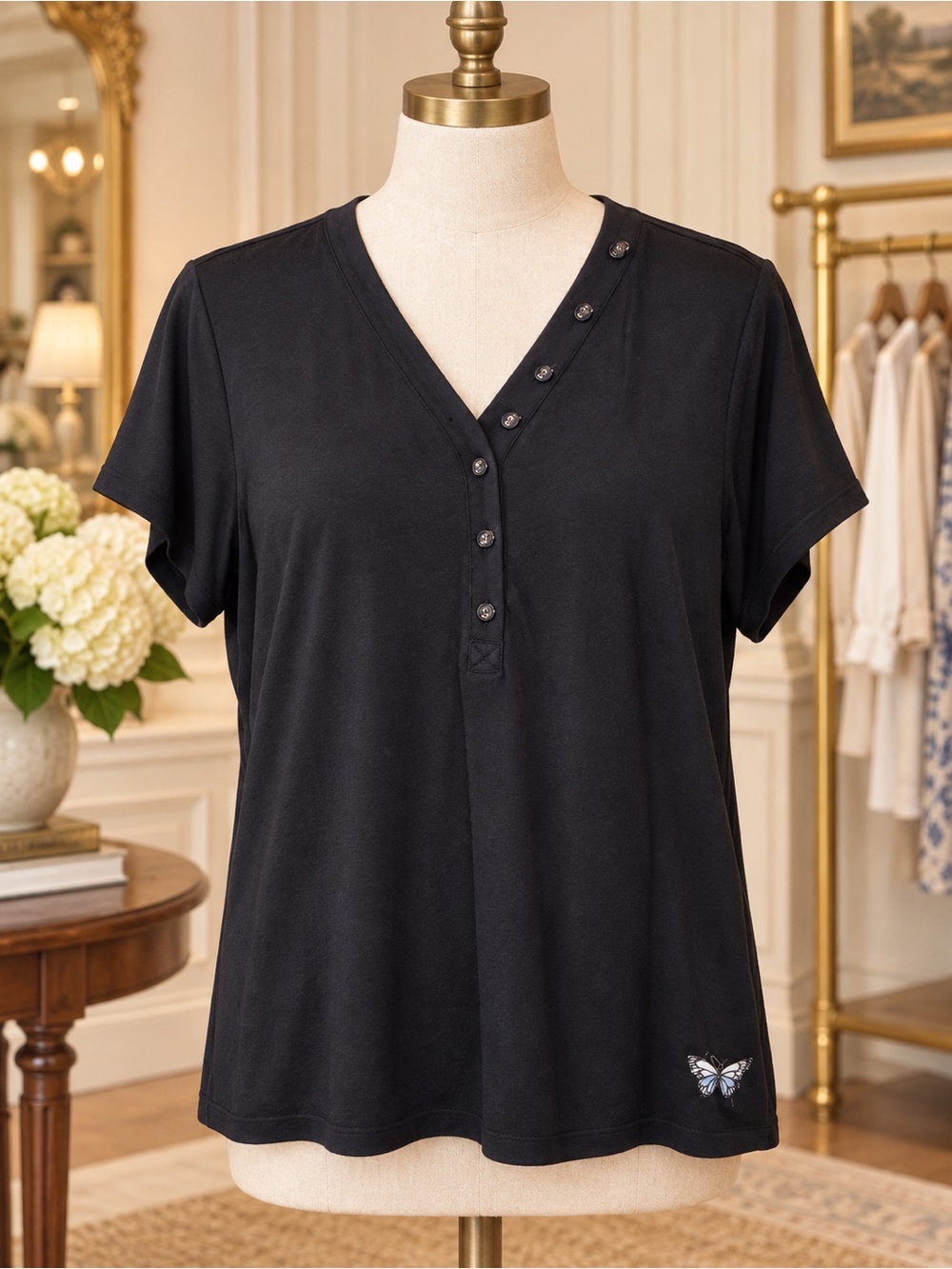 Calme by Johnny Was Classic Black V-Neck Button Front Women's Top XL